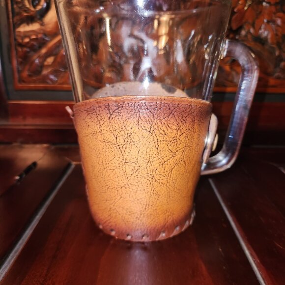 Vintage Green Glass Beer Pitcher With Handcrafted Leather Horse Design Wrap - Picture 3 of 14